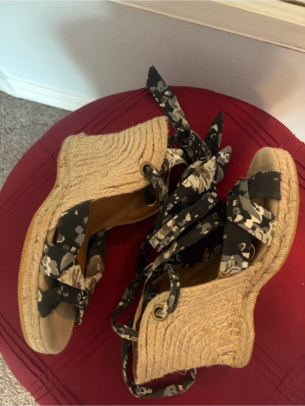 Old Navy Black Floral Tie-Strap Wedge Espadrilles